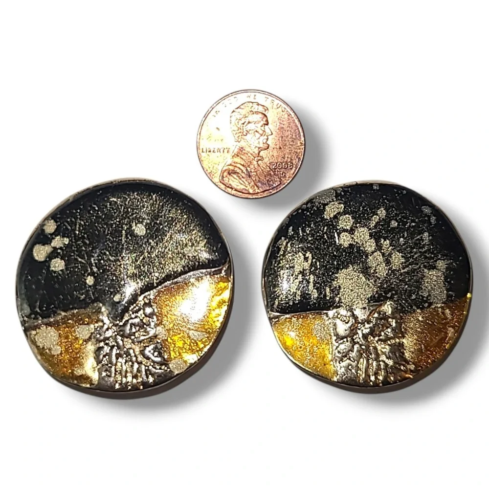 Vintage 80s Black Gold Clip On Earrings Round Abstract Textured Statement‎